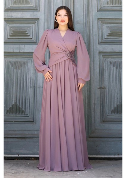 Bel Detaylı Kruvaze Yaka Abiye Elbise 2763-GÜL Kurusu modelleri