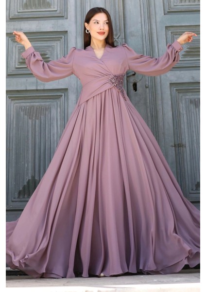 Bel Detaylı Kruvaze Yaka Abiye Elbise 2763-GÜL Kurusu fırsatları