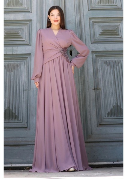 Bel Detaylı Kruvaze Yaka Abiye Elbise 2763-GÜL Kurusu indirimleri