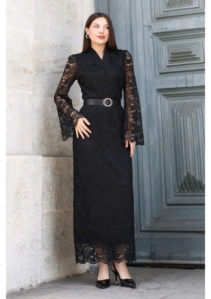 Hakim Yaka Kemerli Dantel Maxi Abiye Elbise 6032-SIYAH