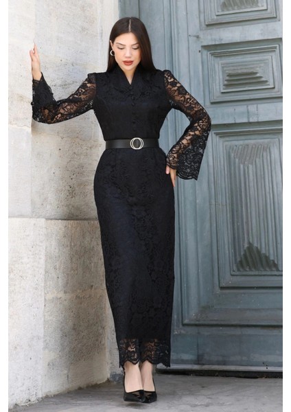 Hakim Yaka Kemerli Dantel Maxi Abiye Elbise 6032-SIYAH fiyatları