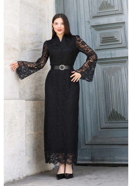 Hakim Yaka Kemerli Dantel Maxi Abiye Elbise 6032-SIYAH modelleri