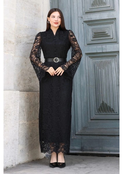 Hakim Yaka Kemerli Dantel Maxi Abiye Elbise 6032-SIYAH fırsatları