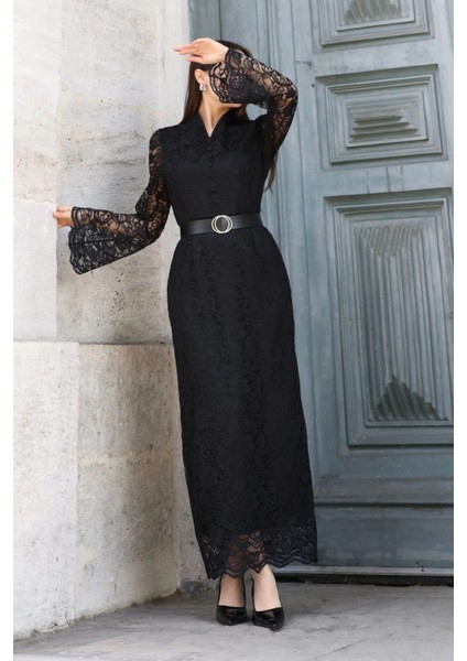 Hakim Yaka Kemerli Dantel Maxi Abiye Elbise 6032-SIYAH indirimleri