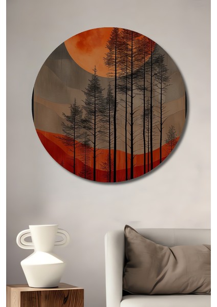 Kızıl Ay Ormanı Dekoratif Ahşap Mdf Yuvarlak Ev,iş Yeri Duvar Tablo