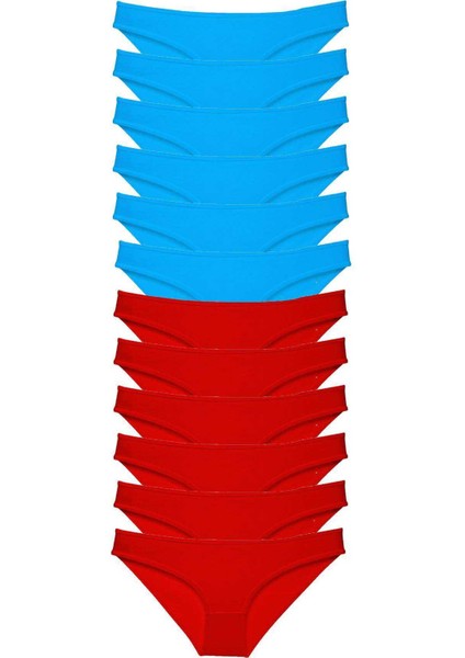 12 Adet Süper Eko Set Likralı Kadın Slip Külot Kırmızı Mavi