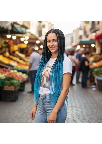 Afrika Örgüsü ve Rasta Için Sentetik Ombreli Saç / Siyah / Turkuaz Mavi