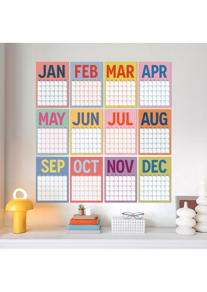 Zamansız Aylık Planlayıcı Dev Takvim, Sürekli Takvim, 12 Ay Tarihsiz Takvim, 33 x 48 Cm, A4, Pastel Parlak Retro Renkler