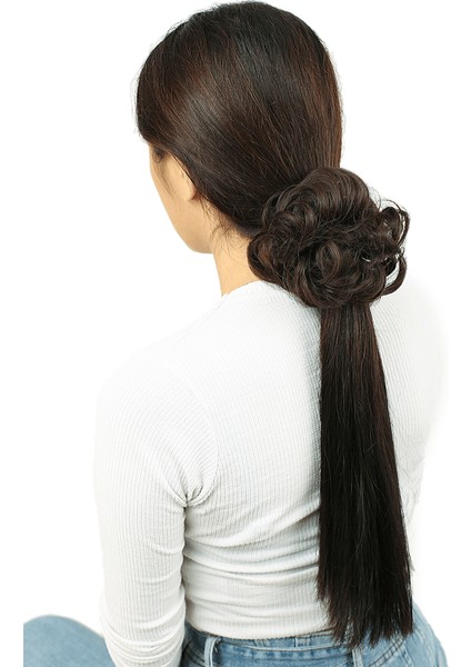 Saçlı Lastikli Topuz Toka / Açık Kahve