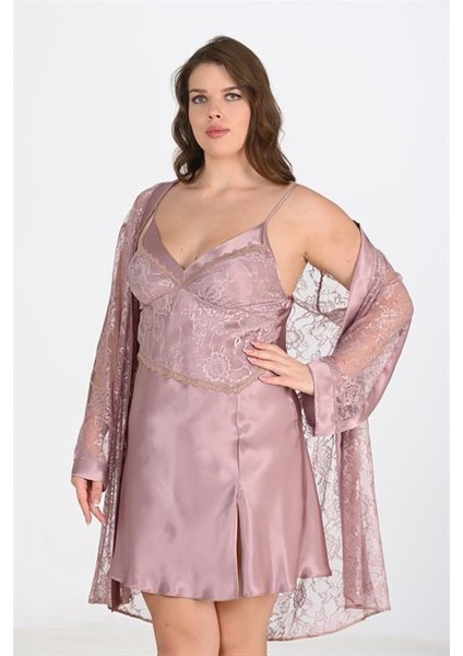 Büyük Beden 2li Vizon Sabahlık Takımı Bigsize 6205