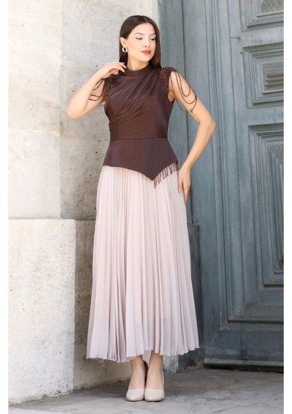 Omuz Işlemeli Pliseli Abiye Elbise 2385-KAHVERENGI/BEJ