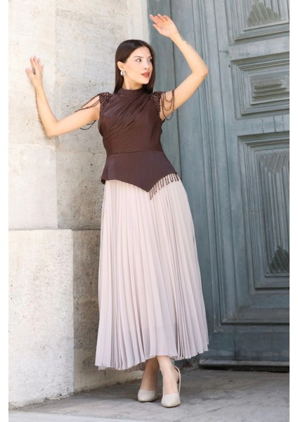 Omuz Işlemeli Pliseli Abiye Elbise 2385-KAHVERENGI/BEJ fiyatları