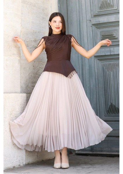 Omuz Işlemeli Pliseli Abiye Elbise 2385-KAHVERENGI/BEJ modelleri