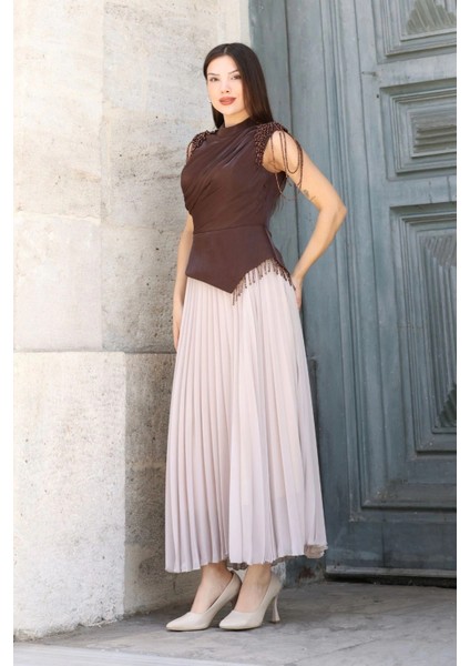 Omuz Işlemeli Pliseli Abiye Elbise 2385-KAHVERENGI/BEJ fırsatları