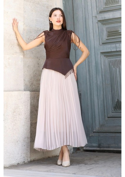 Omuz Işlemeli Pliseli Abiye Elbise 2385-KAHVERENGI/BEJ indirimleri