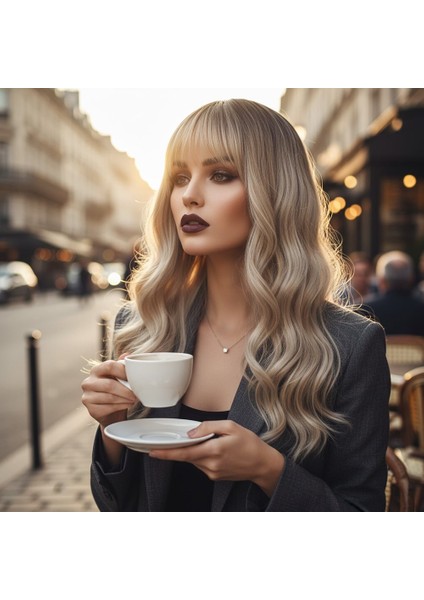 Dalgalı Kısa Perçemli Fiber Sentetik Peruk / Kahve / Platin Ombre ve Röfleli