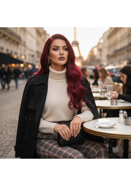 Gerçek Front Lace Tül Peruk / Dalgalı / Koyu Kızıl 70/75CM