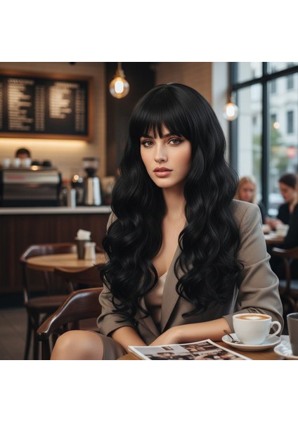 Dalgalı Perçemli Uzun Fiber Sentetik Peruk / Koyu Kestane