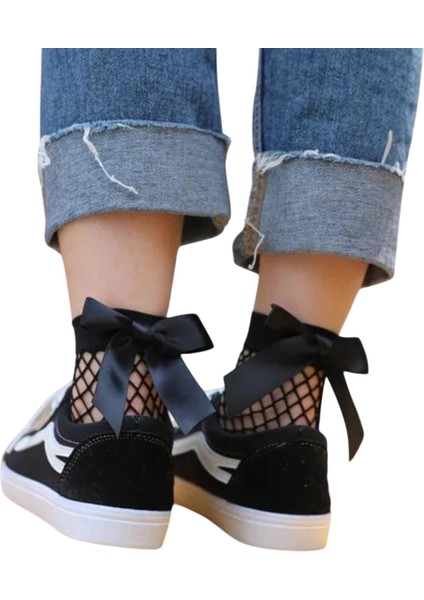 Asil Siyah Fiyonklu Fileli Kadın Bambu Soket Çorap