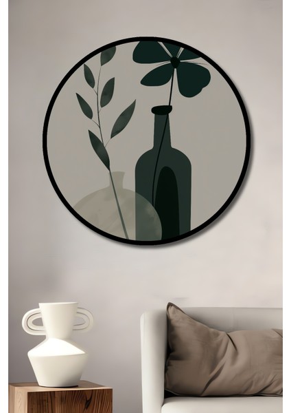 Çerçeve Görünümlü Çiçekli Vazo Dekoratif Ahşap Mdf Işyeri Duvar Tablo Yuvarlak Işyeri Duvar Tablo