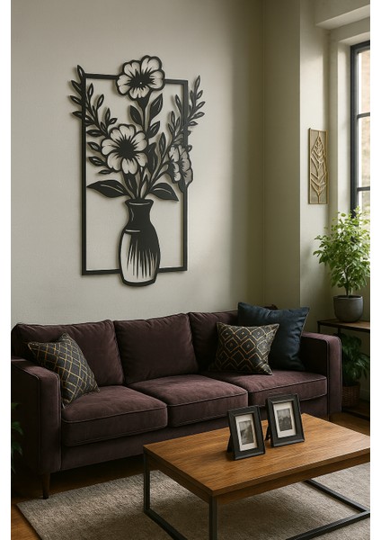 Metal Duvar Tablosu Çiçekli Vazo Desenli | Modern Salon Duvar Dekoru