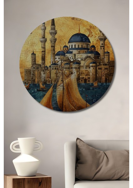 Mavi Cami ve Yelkenli Ahşap Mdf Dekoratif Ev/işyeri Duvar Tablo Yuvarlak Ev/işyeri Duvar Tablo