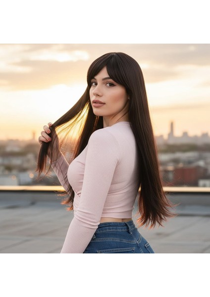 Fiber Sentetik Uzun Düz Kahküllü Peruk / Kahverengi