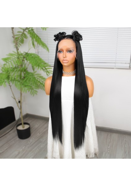 Ekstra Uzun Siyah Fiber Sentetik Düz Tül Peruk fırsatları