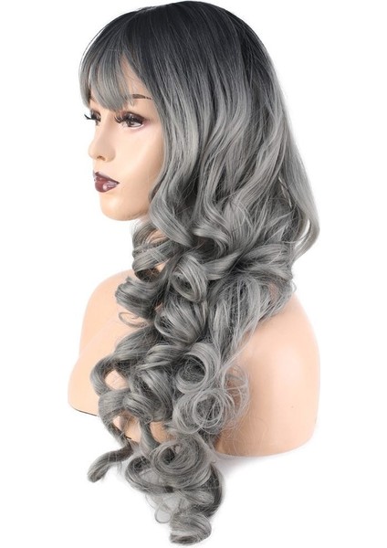 Dalgalı Perçemli Uzun Fiber Sentetik Peruk / Siyah / Gri Ombreli fırsatları