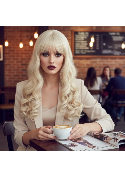 Dalgalı Perçemli Uzun Fiber Sentetik Peruk / Platin