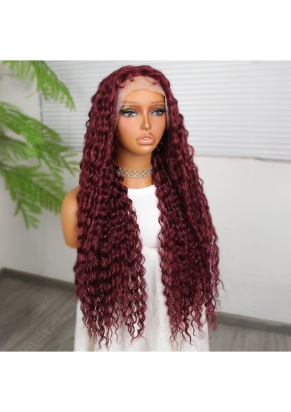 Afro Dalga Koyu Kızıl Fiber Sentetik T Tül Peruk fiyatları