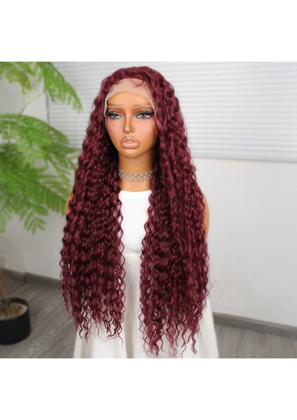 Afro Dalga Koyu Kızıl Fiber Sentetik T Tül Peruk modelleri