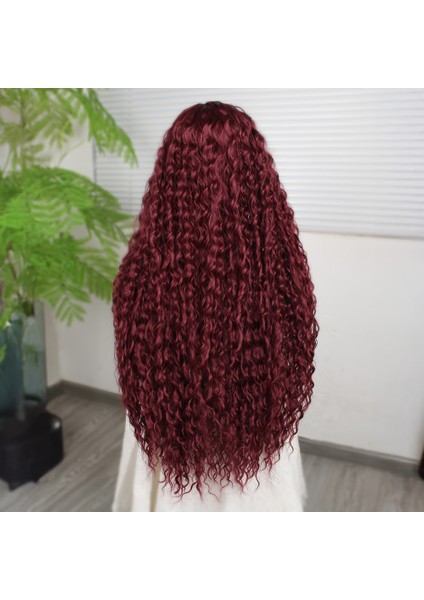 Afro Dalga Koyu Kızıl Fiber Sentetik T Tül Peruk fırsatları
