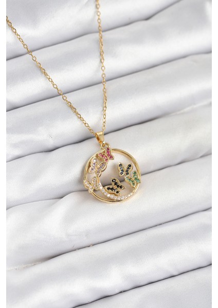 316L Çelik Zincir Gold Renk Zirkon Taşlı Kelebekli Kadın Kolye