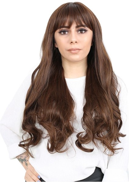 Kahküllü Uzun Dalgalı Fiber Sentetik Peruk / Kahve Karamel fiyatları