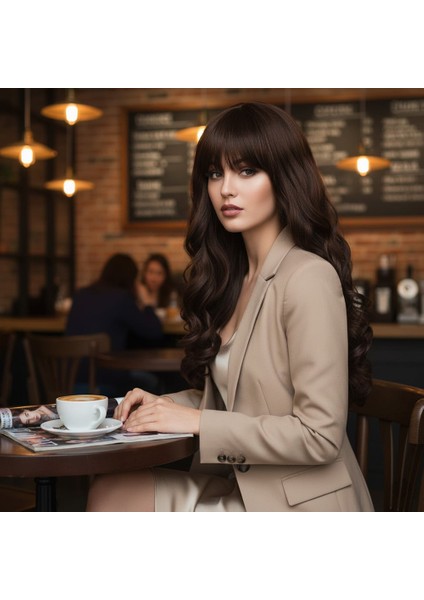 Dalgalı Perçemli Uzun Fiber Sentetik Peruk / Koyu Kahve