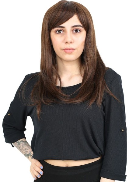 Düz Perçemli Orta Boy Fiber Sentetik Peruk / Kahve Karamel