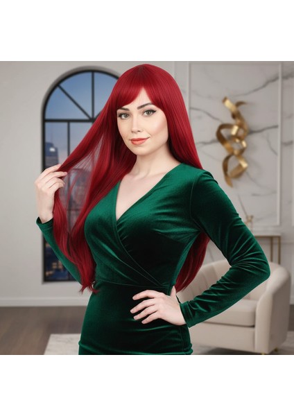 Fiber Sentetik Uzun Düz Kahküllü Peruk / Kızıl