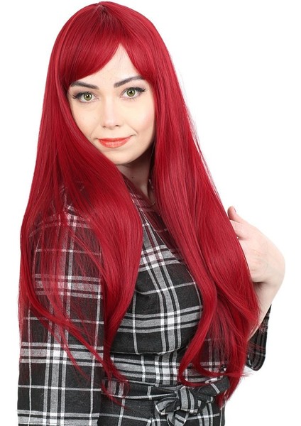 Fiber Sentetik Uzun Düz Kahküllü Peruk / Kızıl modelleri