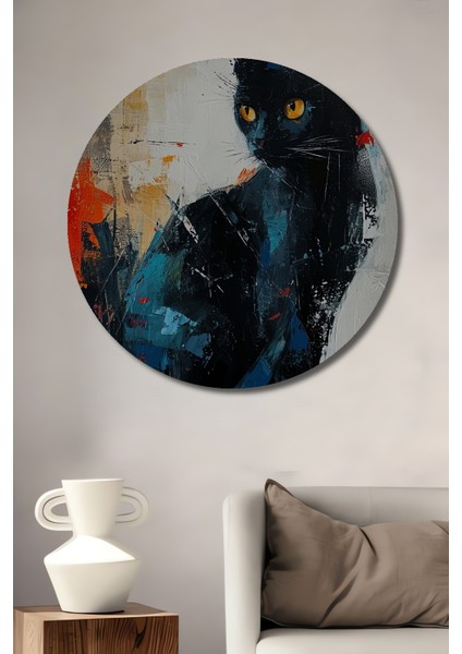 Kara Kedi Soyut Sanat Dekoratif Ahşap Mdf Ev/işyeri Duvar Tablo Yuvarlak Ev/işyeri Duvar Tablo