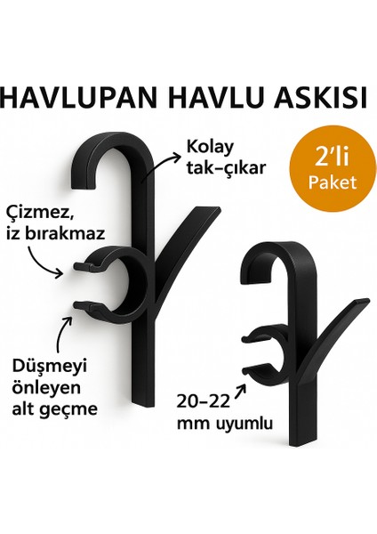 Havlupan Havlu Askısı 2’li – 20–22 mm Uyumlu, Tak-Çıkar (Siyah/beyaz/gri)