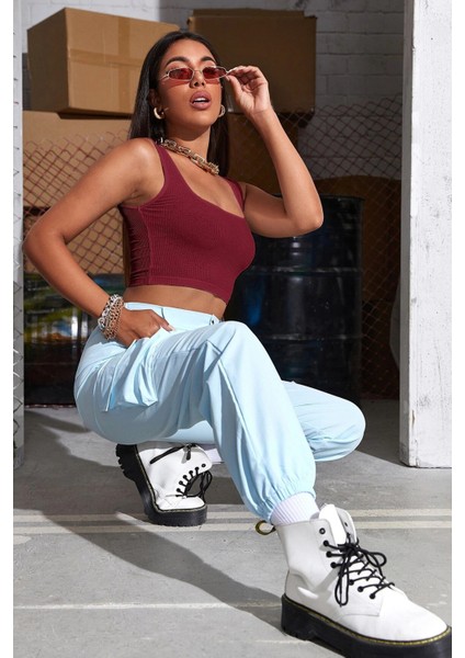 Kadın Bordo Kalın Askılı Crop Top Büstiyer indirimleri