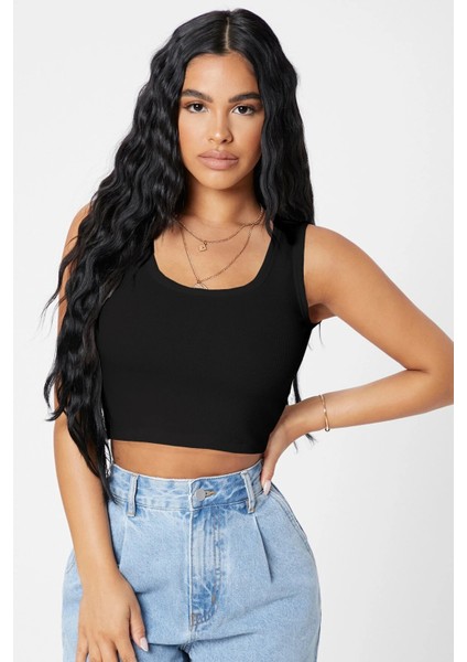 Kadın Siyah Kare Yaka Crop Top Bluz modelleri