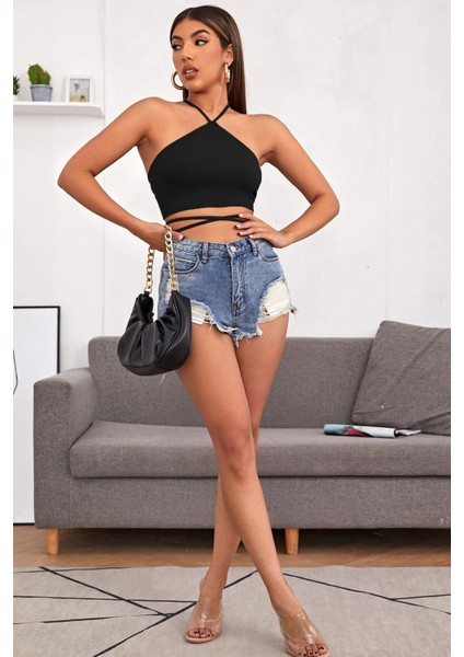 Kadın Siyah Sırtı Açık Boyundan Çapraz Bağlamalı Crop Top Bluz modelleri