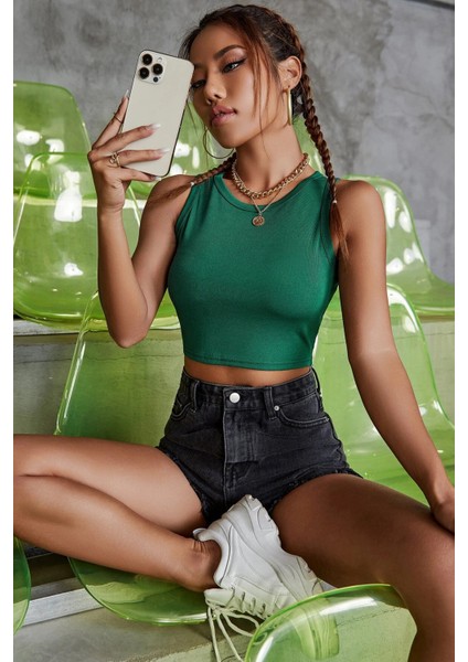 Kadın Yeşil Kare Yaka Crop Top Bluz