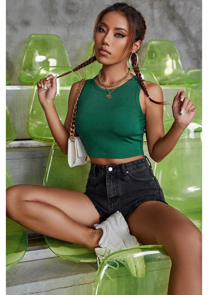 Kadın Yeşil Kare Yaka Crop Top Bluz indirimleri