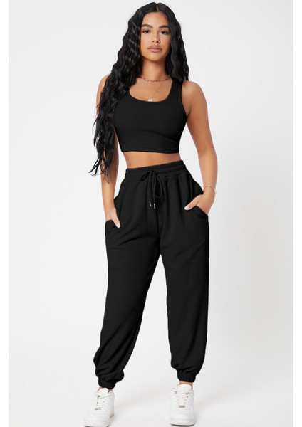 Kadın Siyah Kaşkorse Cepli Jogger Eşofman Altı ve Crop Top Bluz fırsatları