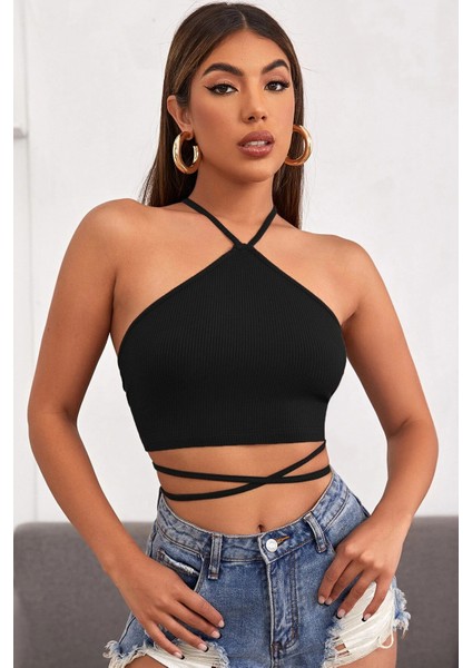 Kadın Siyah Sırtı Açık Boyundan Çapraz Bağlamalı Crop Top Bluz fırsatları