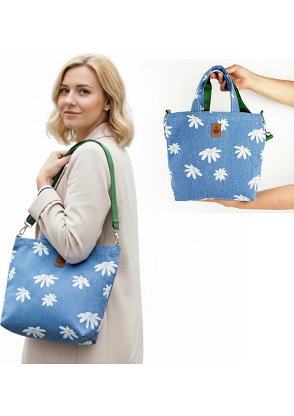 El Yapımı Papatya Baskılı Kot Çanta - Bahar Esintili ve Kullanışlı