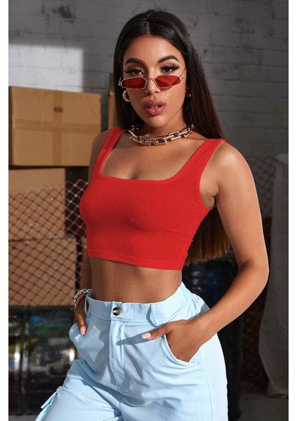 Kadın Kırmızı Kalın Askılı Crop Top Büstiyer